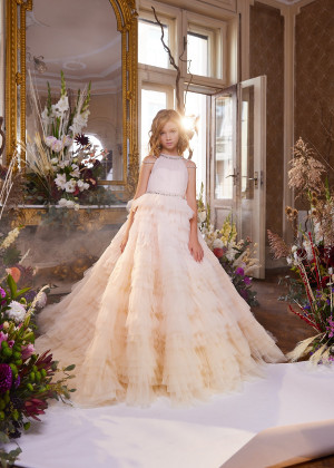 Halter Neck Beaded Tulle Ruffled Ombre Flower Girl Dress